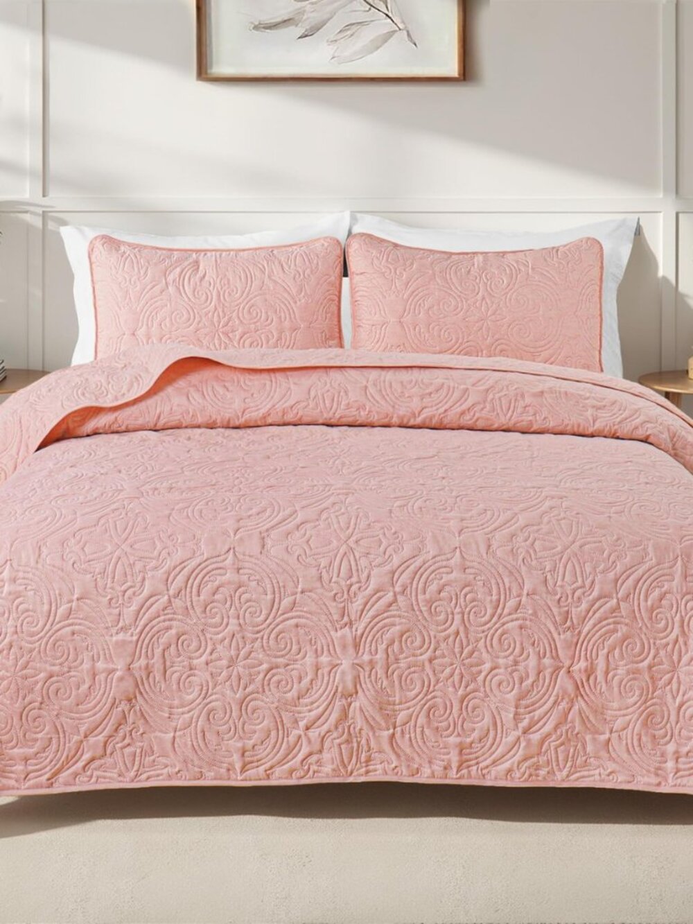 3 Piece Quilts Queen Size Bedding Set, Blush Pink